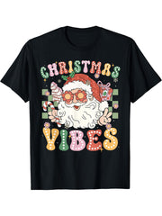 Groovy Cute Santa Claus Christmas Vibes Xmas Girls Womens T-Shirt 180G 100% Cotton Printed Round Neck Short-Sleeve T-Shirt, Gifts for Men Dad Husband Grandpa, S-XXXL, Black