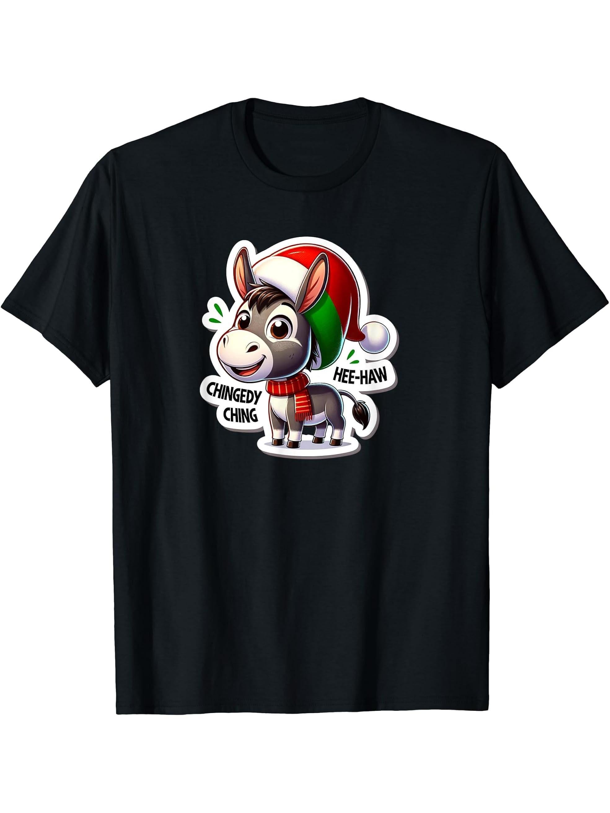 Cute Dominick Christmas Donkey with Santa Hat Buon Natale T-Shirt 180G 100% Cotton Printed Round Neck Short-Sleeve T-Shirt, Gifts for Men Dad Husband Grandpa, S-XXXL, Black