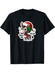 Cute Dominick Christmas Donkey with Santa Hat Buon Natale T-Shirt 180G 100% Cotton Printed Round Neck Short-Sleeve T-Shirt, Gifts for Men Dad Husband Grandpa, S-XXXL, Black