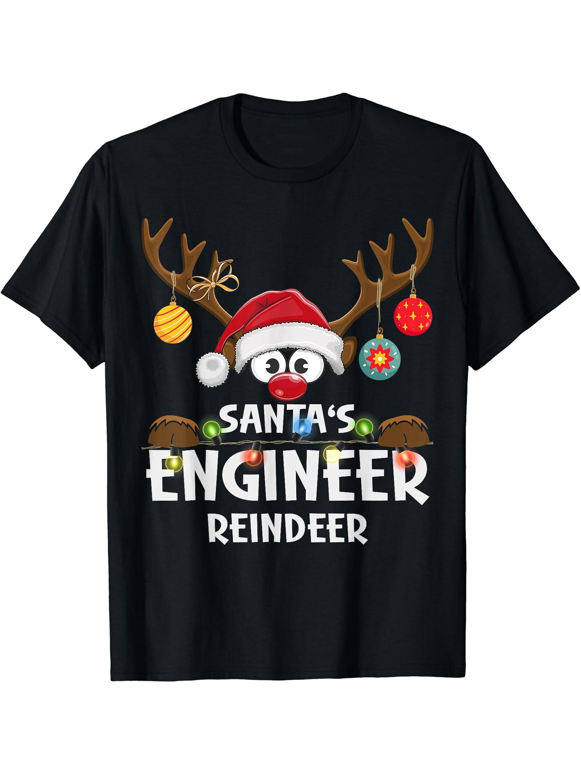 Christmas Family Santa's Engineer Reindeer Pajama T-Shirt 180G 100% Cotton Printed Round Neck Short-Sleeve T-Shirt, Gifts for Men Dad Husband Grandpa, S-XXXL, Black
