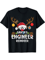 Christmas Family Santa's Engineer Reindeer Pajama T-Shirt 180G 100% Cotton Printed Round Neck Short-Sleeve T-Shirt, Gifts for Men Dad Husband Grandpa, S-XXXL, Black