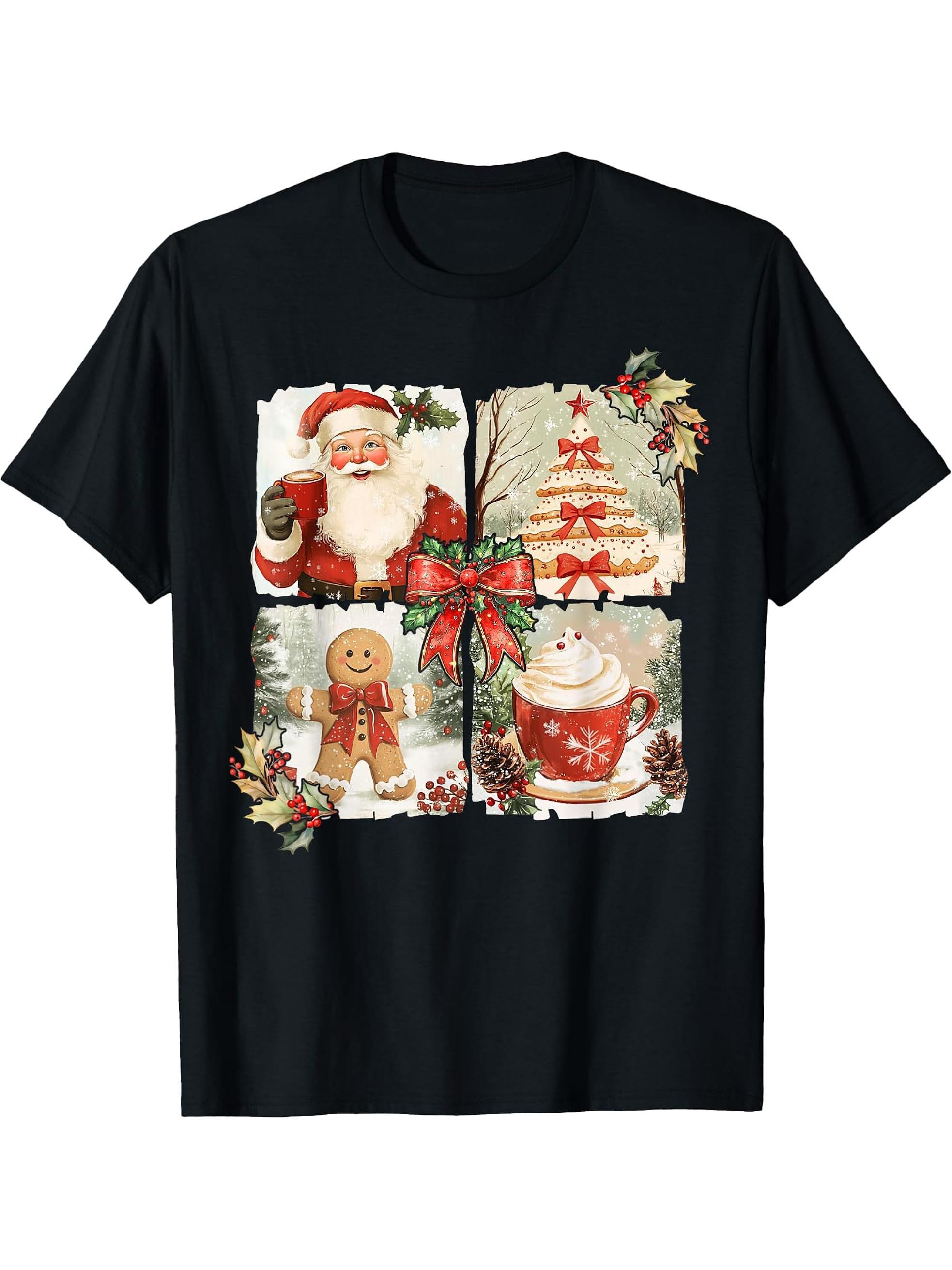 Vintage Coquette Bow Santa Gingerbread Christmas Tree Xmas T-Shirt 180G 100% Cotton Printed Round Neck Short-Sleeve T-Shirt, Gifts for Men Dad Husband Grandpa, S-XXXL, Black