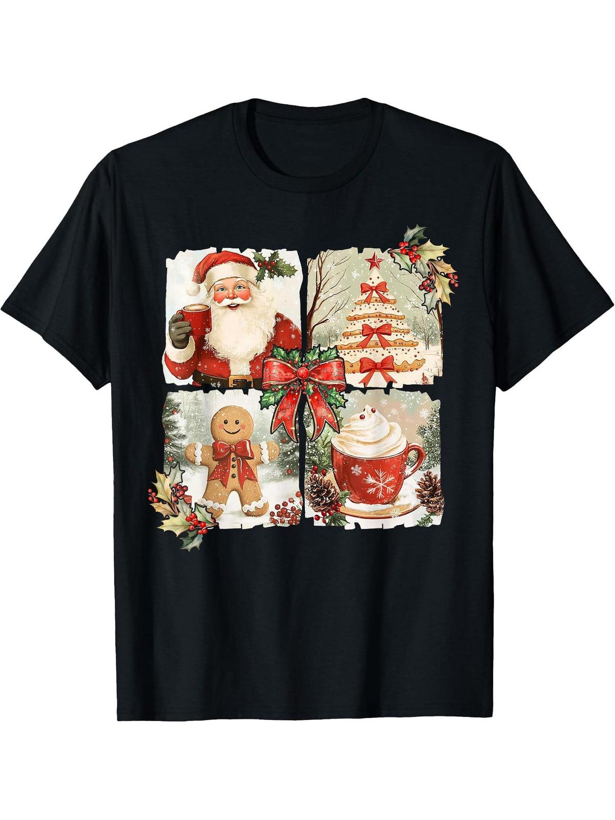 Vintage Coquette Bow Santa Gingerbread Christmas Tree Xmas T-Shirt 180G 100% Cotton Printed Round Neck Short-Sleeve T-Shirt, Gifts for Men Dad Husband Grandpa, S-XXXL, Black