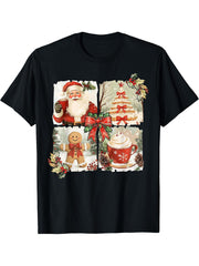 Vintage Coquette Bow Santa Gingerbread Christmas Tree Xmas T-Shirt 180G 100% Cotton Printed Round Neck Short-Sleeve T-Shirt, Gifts for Men Dad Husband Grandpa, S-XXXL, Black