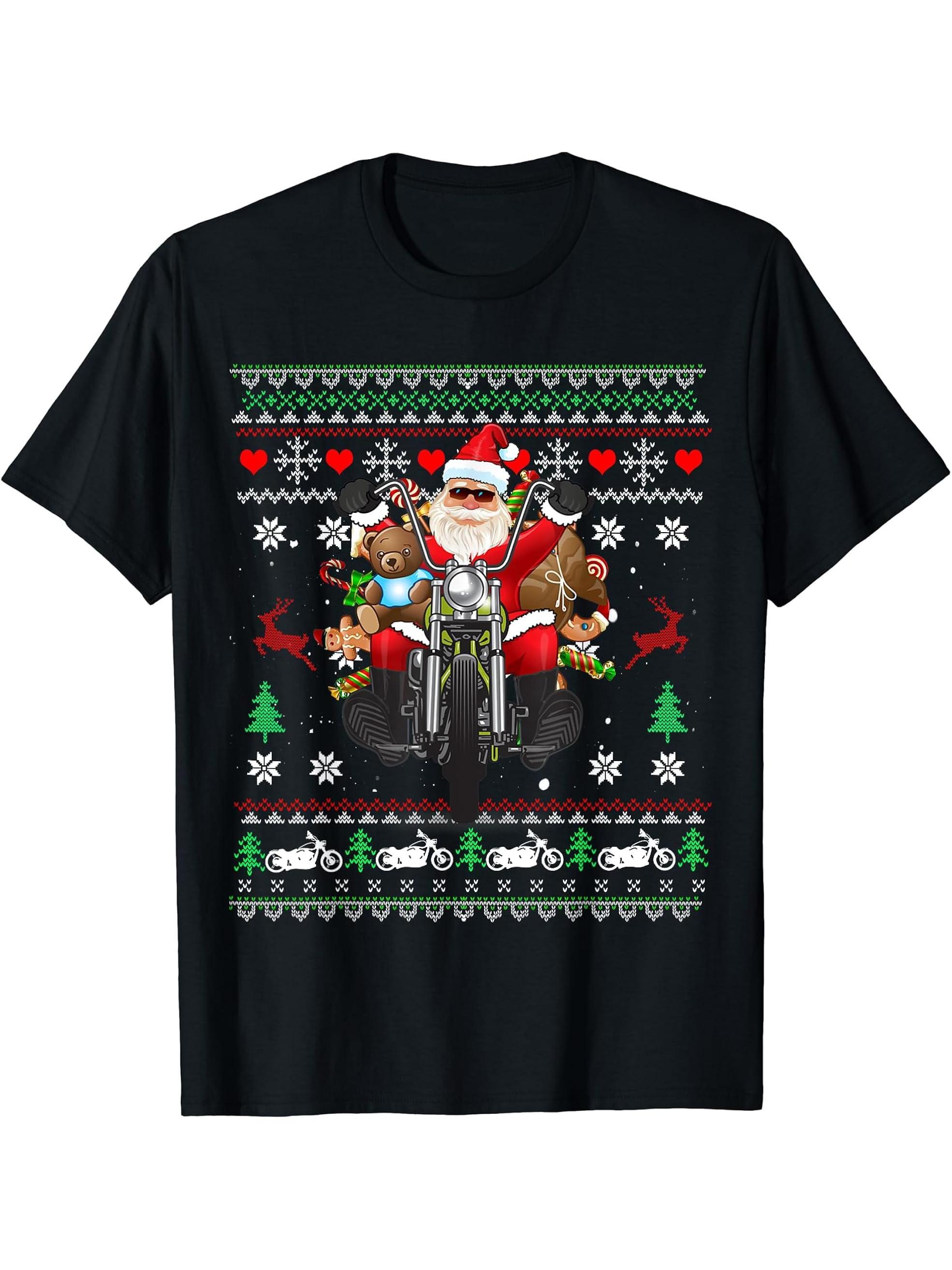 Santa On Motorcycle, Merry Christmas, Men, Biker, Rider Ugly T-Shirt 180G 100% Cotton Printed Round Neck Short-Sleeve T-Shirt, Gifts for Men Dad Husband Grandpa, S-XXXL, Black