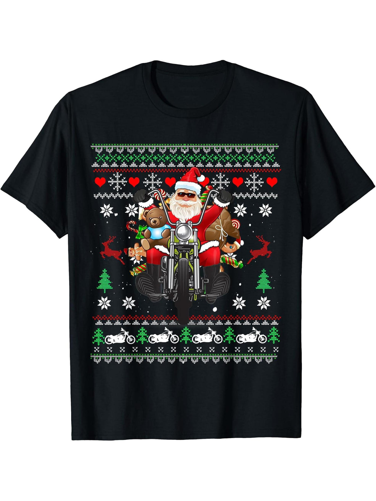 Santa On Motorcycle, Merry Christmas, Men, Biker, Rider Ugly T-Shirt 180G 100% Cotton Printed Round Neck Short-Sleeve T-Shirt, Gifts for Men Dad Husband Grandpa, S-XXXL, Black