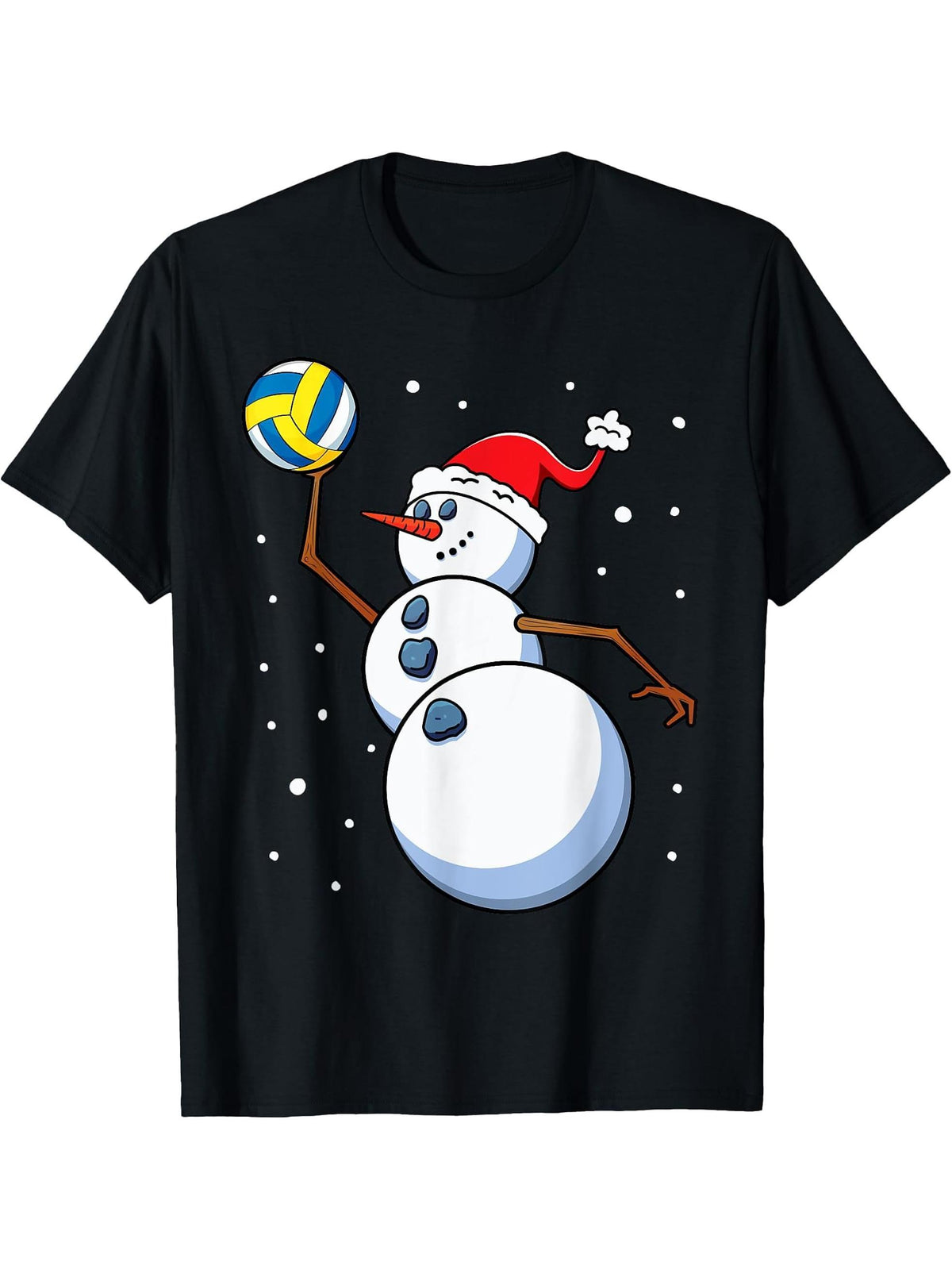 Snowman Volleyball Player Santa Hat Girls Womens Christmas T-Shirt 180G 100% Cotton Printed Round Neck Short-Sleeve T-Shirt, Gifts for Men Dad Husband Grandpa, S-XXXL, Black