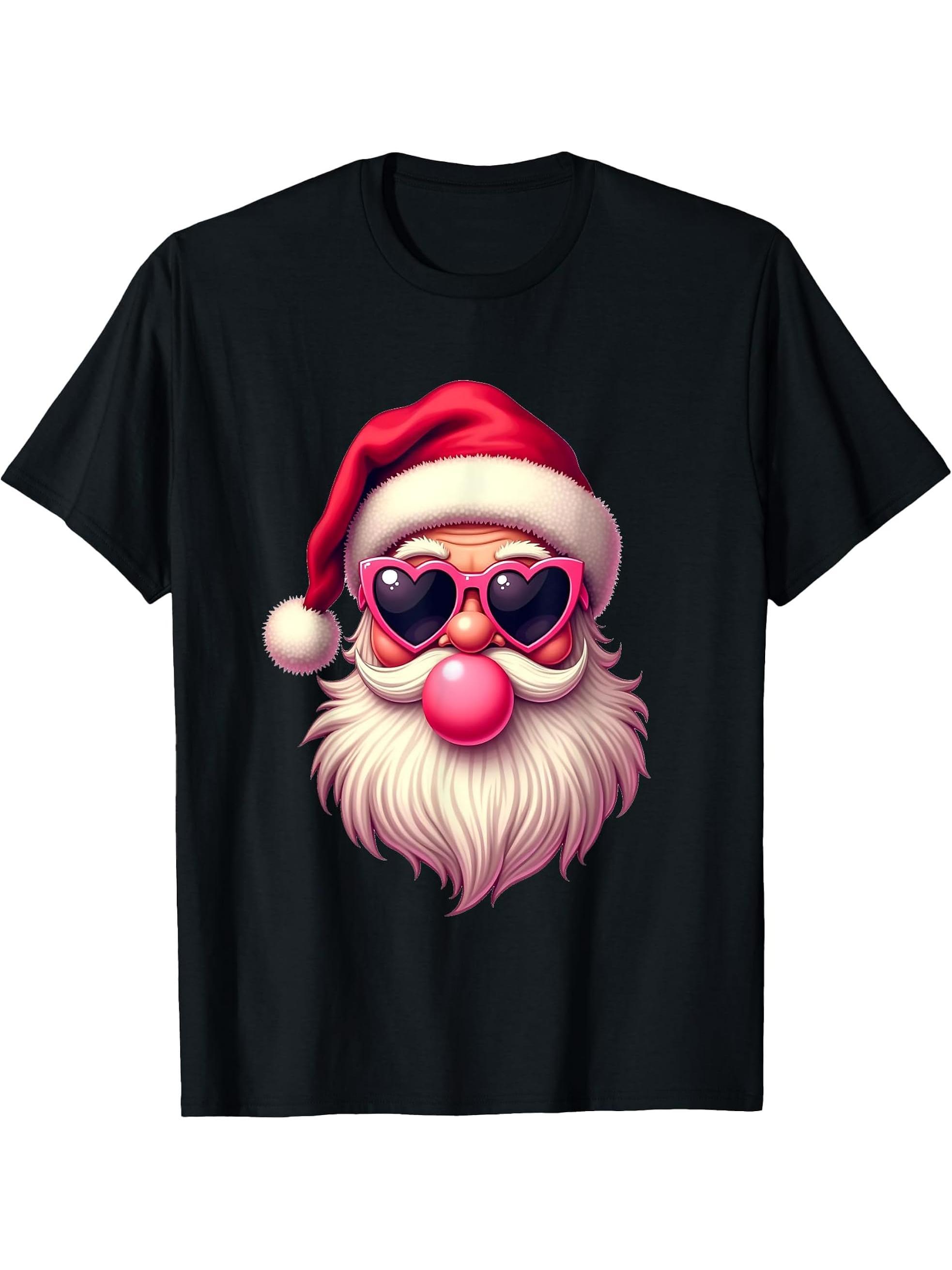 Santa Claus Christmas Blowing Bubble Pink Sunglasses T-Shirt 180G 100% Cotton Printed Round Neck Short-Sleeve T-Shirt, Gifts for Men Dad Husband Grandpa, S-XXXL, Black