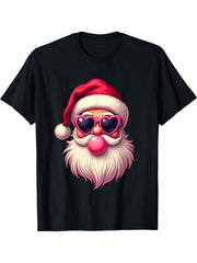 Santa Claus Christmas Blowing Bubble Pink Sunglasses T-Shirt 180G 100% Cotton Printed Round Neck Short-Sleeve T-Shirt, Gifts for Men Dad Husband Grandpa, S-XXXL, Black