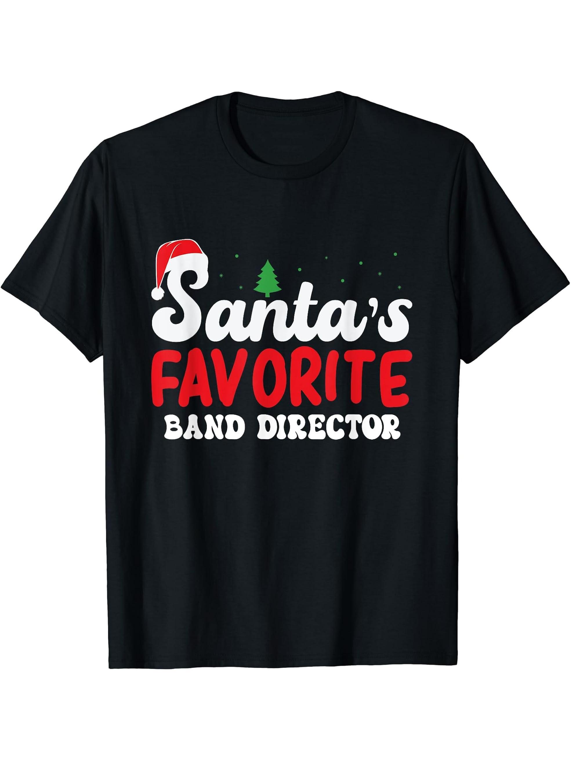 Santa's Favorite Band Director Christmas Pajamas T-Shirt 180G 100% Cotton Printed Round Neck Short-Sleeve T-Shirt, Gifts for Men Dad Husband Grandpa, S-XXXL, Black