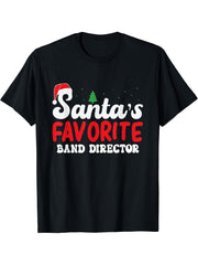 Santa's Favorite Band Director Christmas Pajamas T-Shirt 180G 100% Cotton Printed Round Neck Short-Sleeve T-Shirt, Gifts for Men Dad Husband Grandpa, S-XXXL, Black
