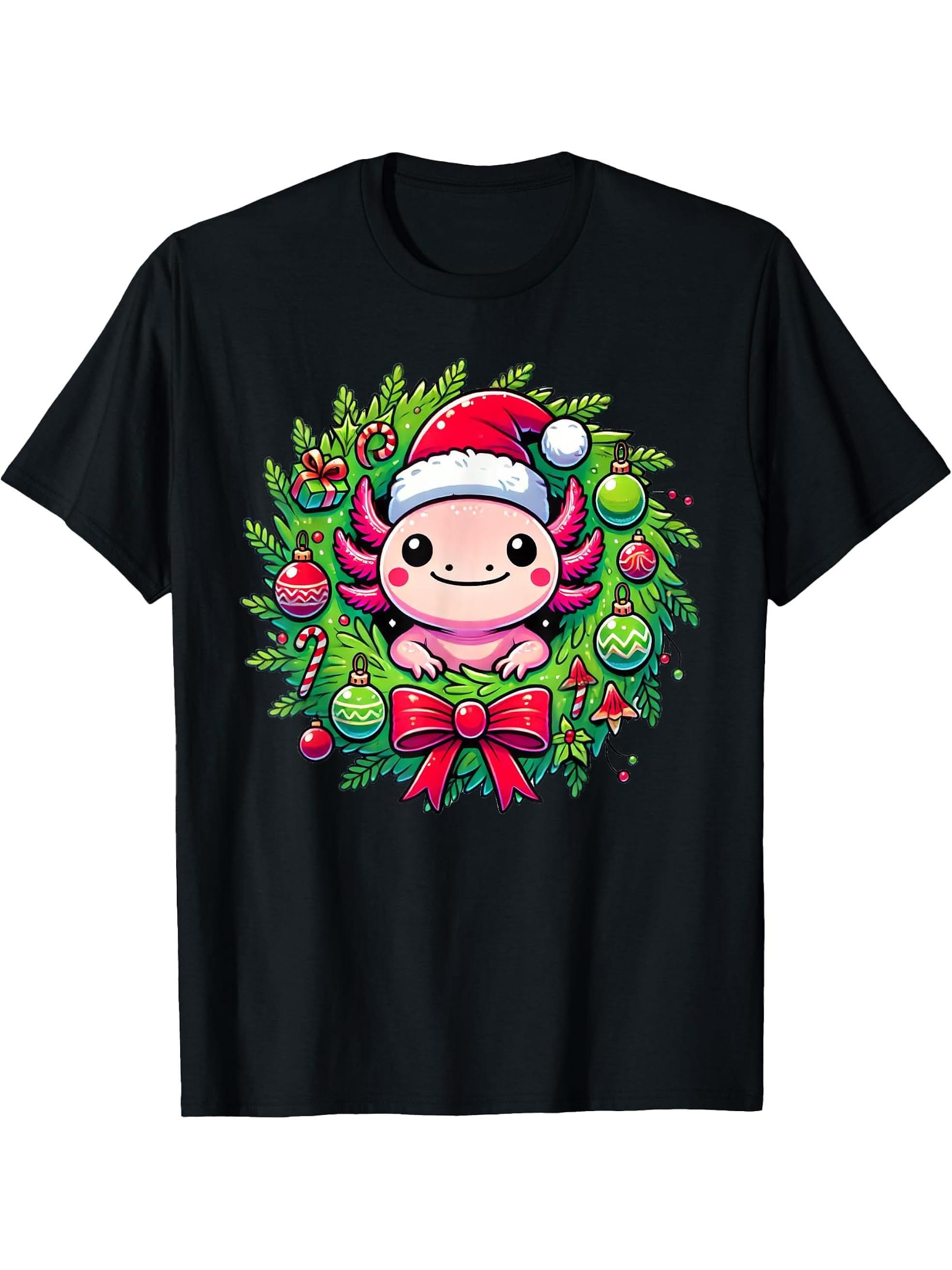 Axolotl Santa Hat Christmas Xmas T-Shirt 180G 100% Cotton Printed Round Neck Short-Sleeve T-Shirt, Gifts for Men Dad Husband Grandpa, S-XXXL, Black