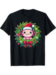 Axolotl Santa Hat Christmas Xmas T-Shirt 180G 100% Cotton Printed Round Neck Short-Sleeve T-Shirt, Gifts for Men Dad Husband Grandpa, S-XXXL, Black