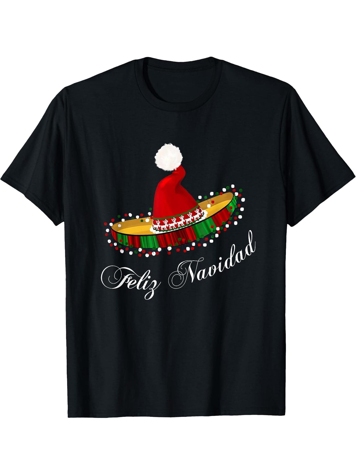 Feliz Navidad' Santa Hat Sombrero Funny Mexican Christmas T-Shirt 180G 100% Cotton Printed Round Neck Short-Sleeve T-Shirt, Gifts for Men Dad Husband Grandpa, S-XXXL, Black