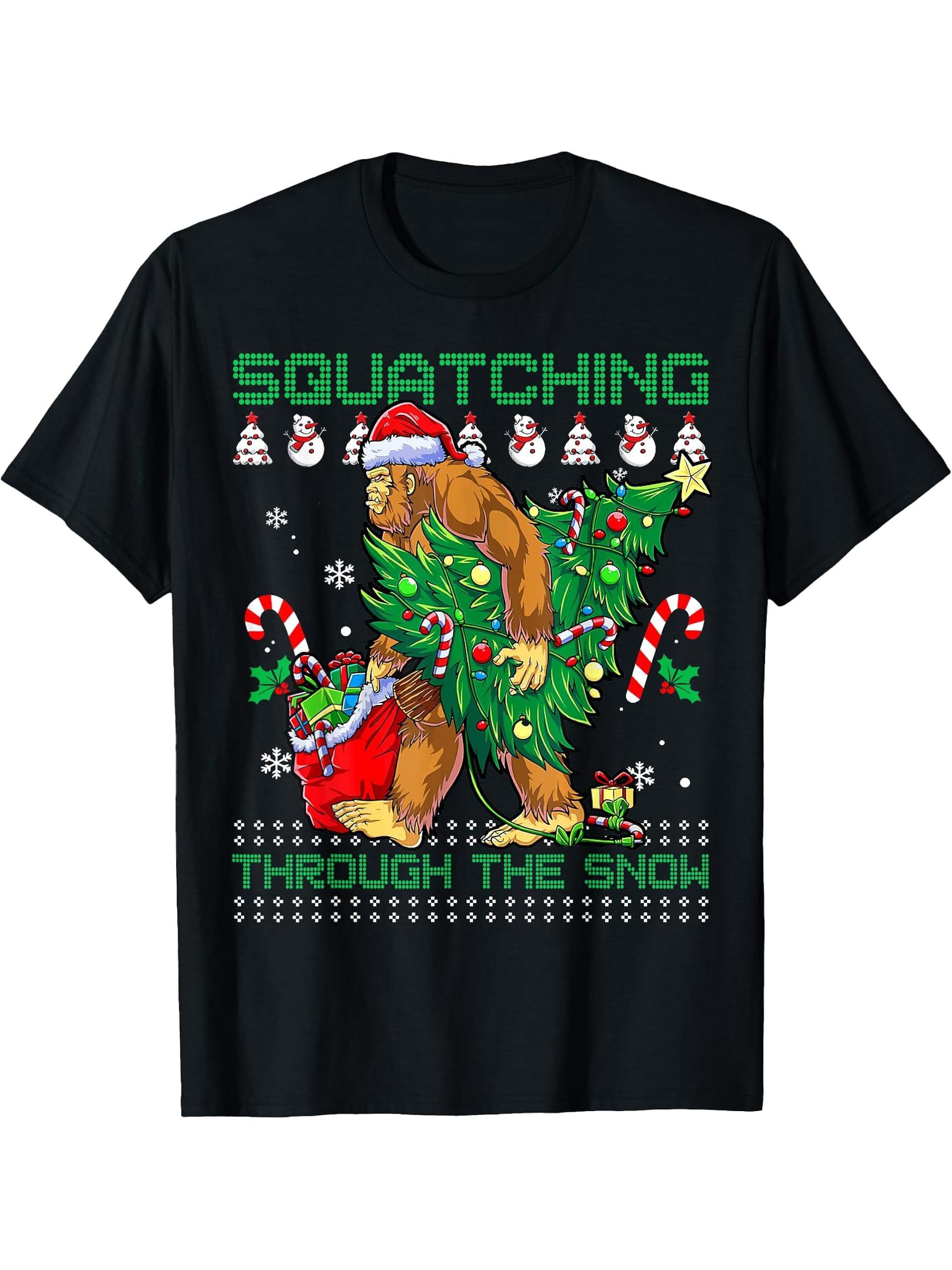 Squatching Through The Snow Squatch Santa Bigfoot Christmas T-Shirt 180G 100% Cotton Printed Round Neck Short-Sleeve T-Shirt, Gifts for Men Dad Husband Grandpa, S-XXXL, Black