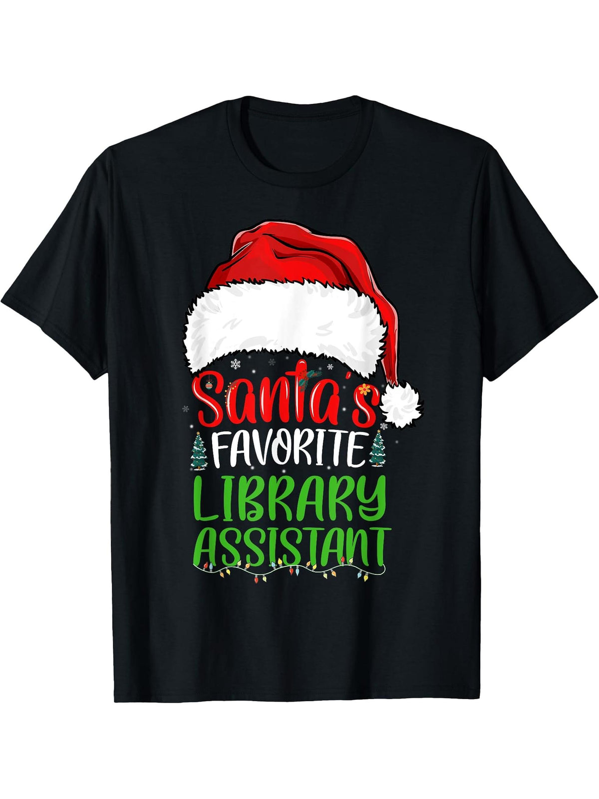 Santa's Favorite Library Assistant Funny Christmas T-Shirt 180G 100% Cotton Printed Round Neck Short-Sleeve T-Shirt, Gifts for Men Dad Husband Grandpa, S-XXXL, Black