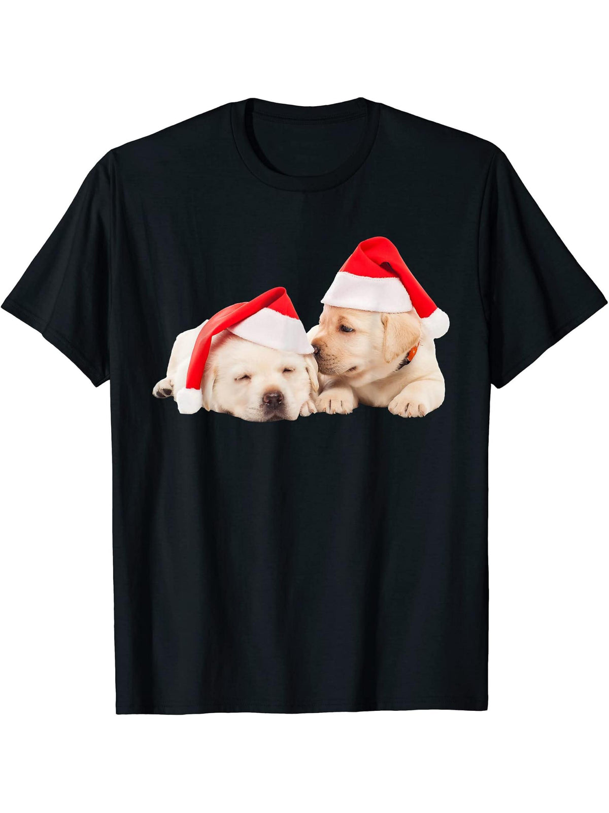 Yellow Lab Puppies Santa Hat Christmas Dog Cute Labrador T-Shirt 180G 100% Cotton Printed Round Neck Short-Sleeve T-Shirt, Gifts for Men Dad Husband Grandpa, S-XXXL, Black