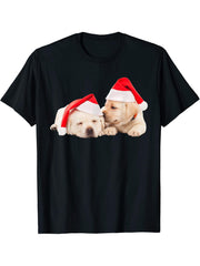 Yellow Lab Puppies Santa Hat Christmas Dog Cute Labrador T-Shirt 180G 100% Cotton Printed Round Neck Short-Sleeve T-Shirt, Gifts for Men Dad Husband Grandpa, S-XXXL, Black