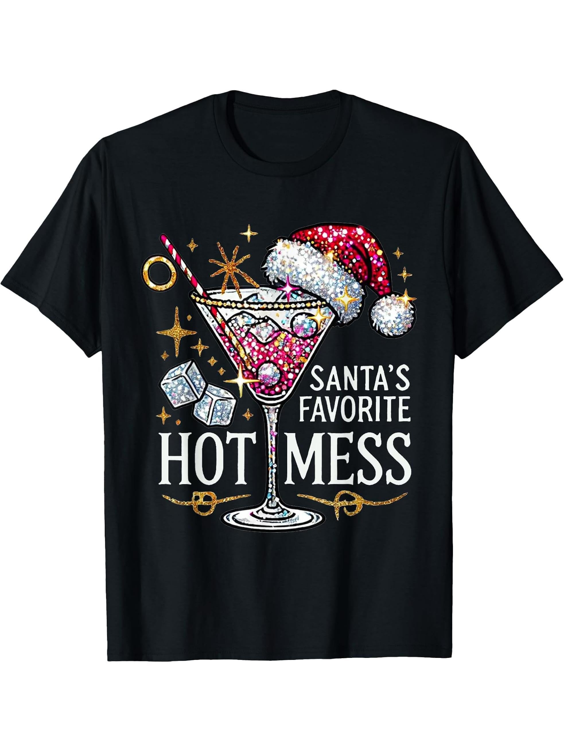 Santa's Favorite Hot Mess Funny Margarita T-Shirt 180G 100% Cotton Printed Round Neck Short-Sleeve T-Shirt, Gifts for Men Dad Husband Grandpa, S-XXXL, Black