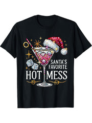 Santa's Favorite Hot Mess Funny Margarita T-Shirt 180G 100% Cotton Printed Round Neck Short-Sleeve T-Shirt, Gifts for Men Dad Husband Grandpa, S-XXXL, Black