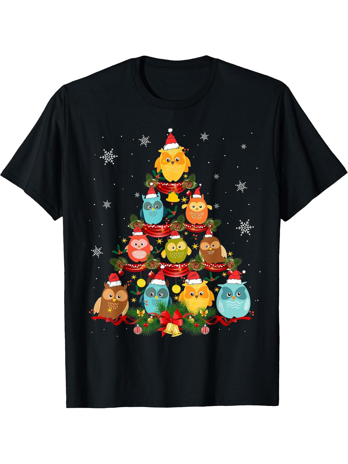 Santa Owl Christmas Tree Funny Bird Ornament Decorations T-Shirt 180G 100% Cotton Printed Round Neck Short-Sleeve T-Shirt, Gifts for Men Dad Husband Grandpa, S-XXXL, Black
