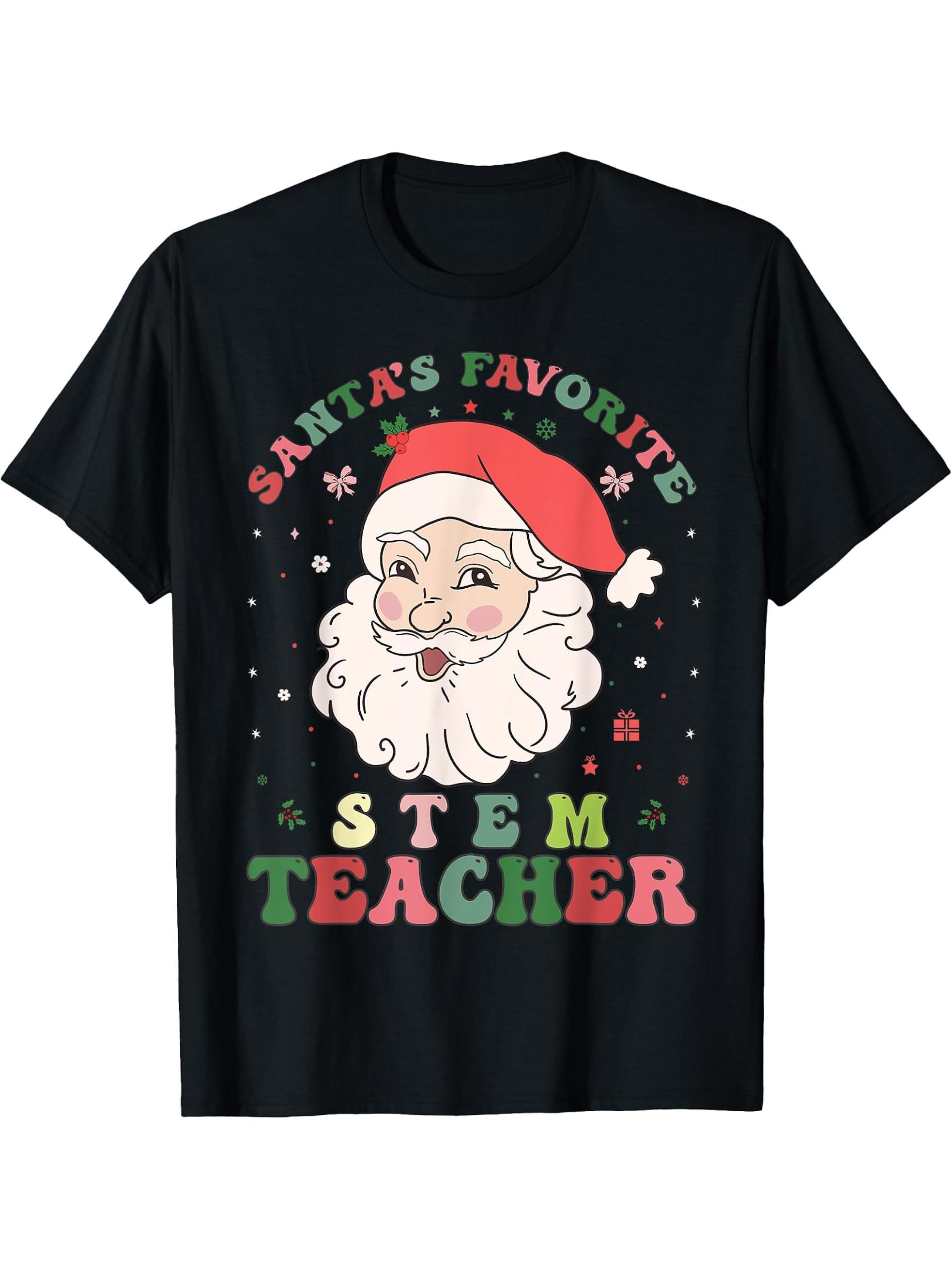 Santa's Favorite STEM Teacher Retro Groovy Christmas Xmas T-Shirt 180G 100% Cotton Printed Round Neck Short-Sleeve T-Shirt, Gifts for Men Dad Husband Grandpa, S-XXXL, Black