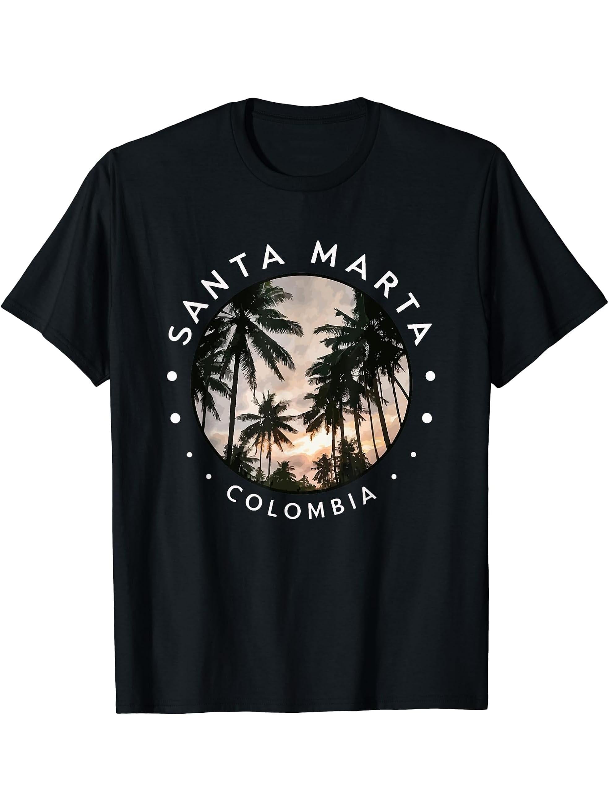 Santa Marta Colombia T-Shirt 180G 100% Cotton Printed Round Neck Short-Sleeve T-Shirt, Gifts for Men Dad Husband Grandpa, S-XXXL, Black