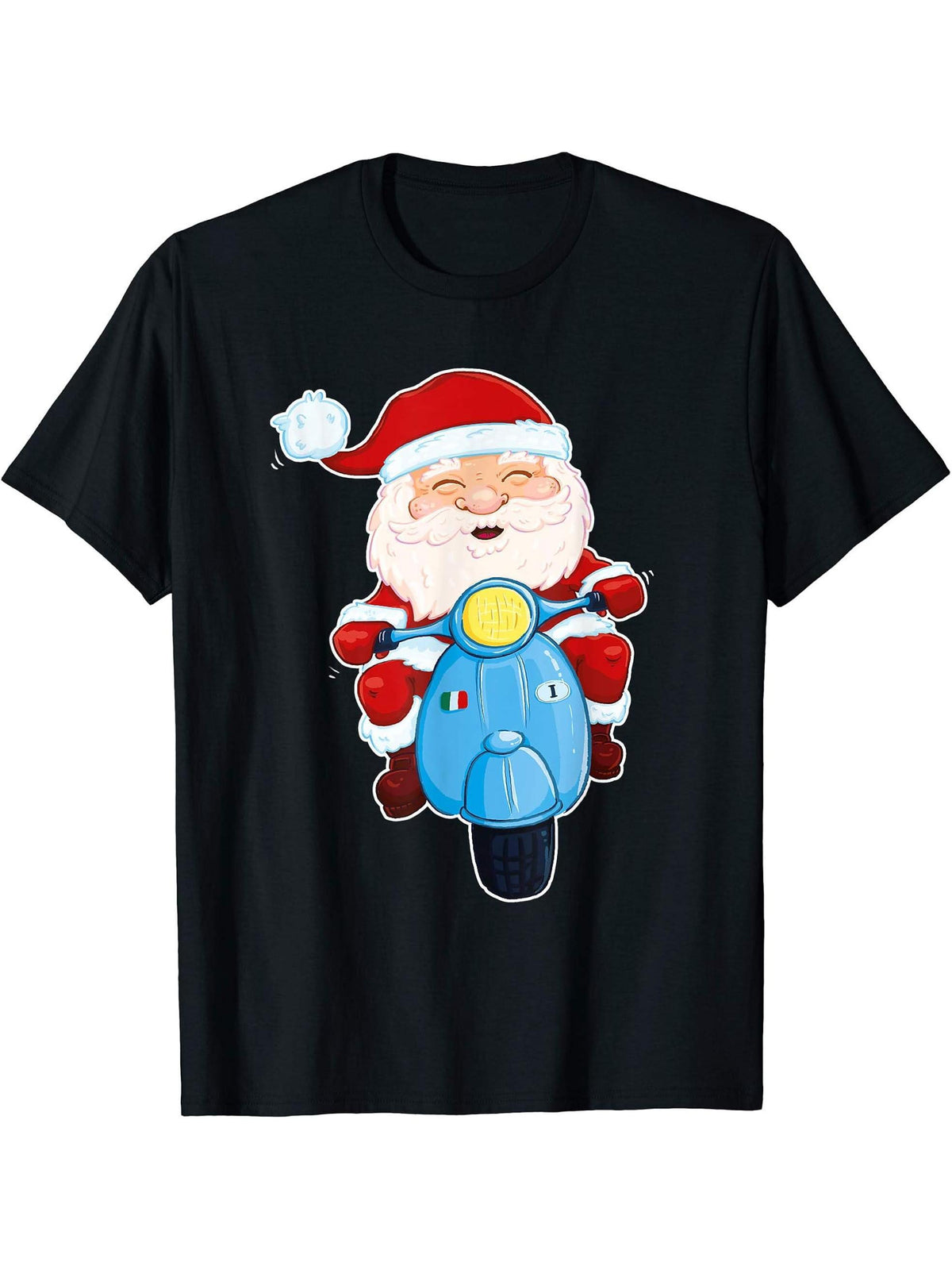 Babbo Natale Italian Moped Santa Riding Scooter Christmas T-Shirt 180G 100% Cotton Printed Round Neck Short-Sleeve T-Shirt, Gifts for Men Dad Husband Grandpa, S-XXXL, Black