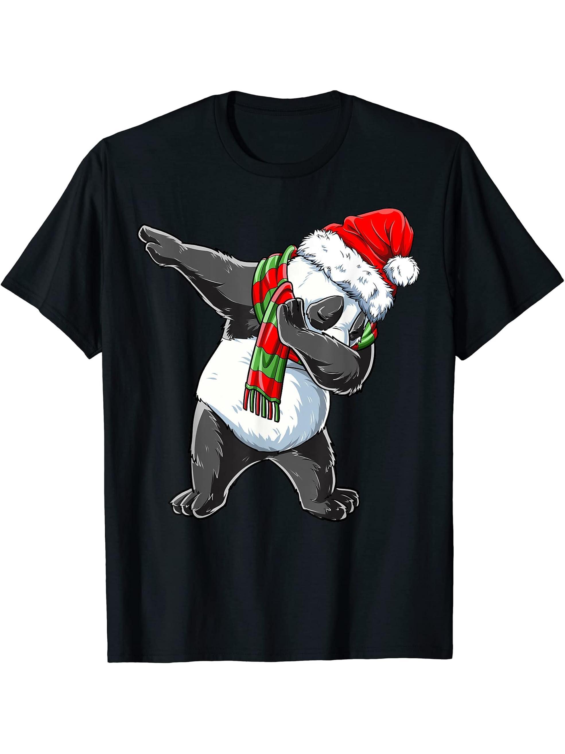 Dabbing Panda Santa Christmas Boy Girl Boys Men Xmas Bear Lover T-Shirt 180G 100% Cotton Printed Round Neck Short-Sleeve T-Shirt, Gifts for Men Dad Husband Grandpa, S-XXXL, Black