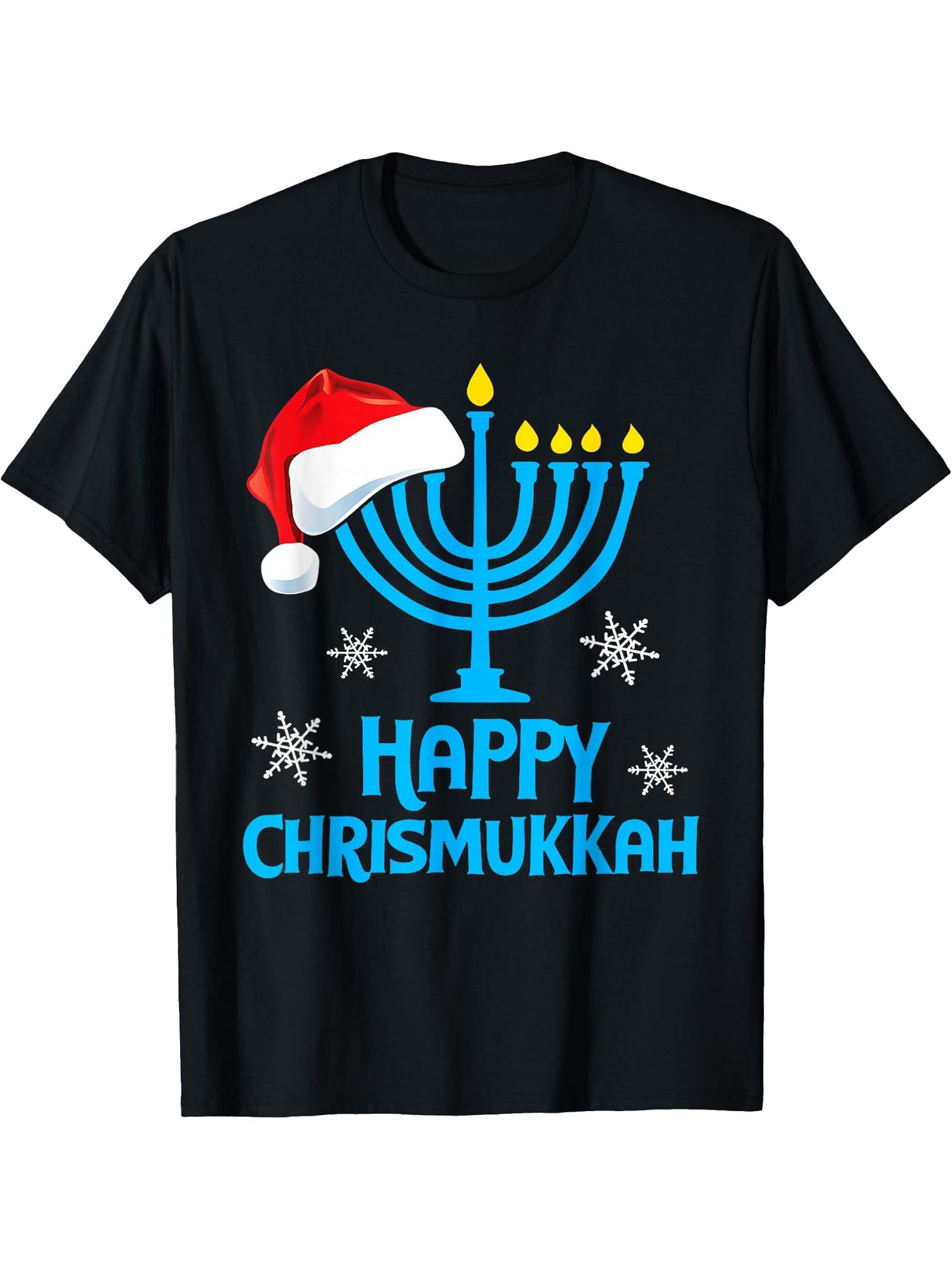 Happy Chrismukkah Santa Hat Christmas Hanukkah Sleep T-Shirt 180G 100% Cotton Printed Round Neck Short-Sleeve T-Shirt, Gifts for Men Dad Husband Grandpa, S-XXXL, Black