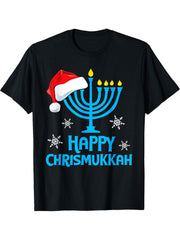 Happy Chrismukkah Santa Hat Christmas Hanukkah Sleep T-Shirt 180G 100% Cotton Printed Round Neck Short-Sleeve T-Shirt, Gifts for Men Dad Husband Grandpa, S-XXXL, Black