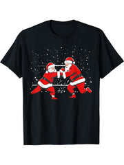 Santa Wrestling Lover Funny Wrestler Christmas Xmas Pajama T-Shirt 180G 100% Cotton Printed Round Neck Short-Sleeve T-Shirt, Gifts for Men Dad Husband Grandpa, S-XXXL, Black