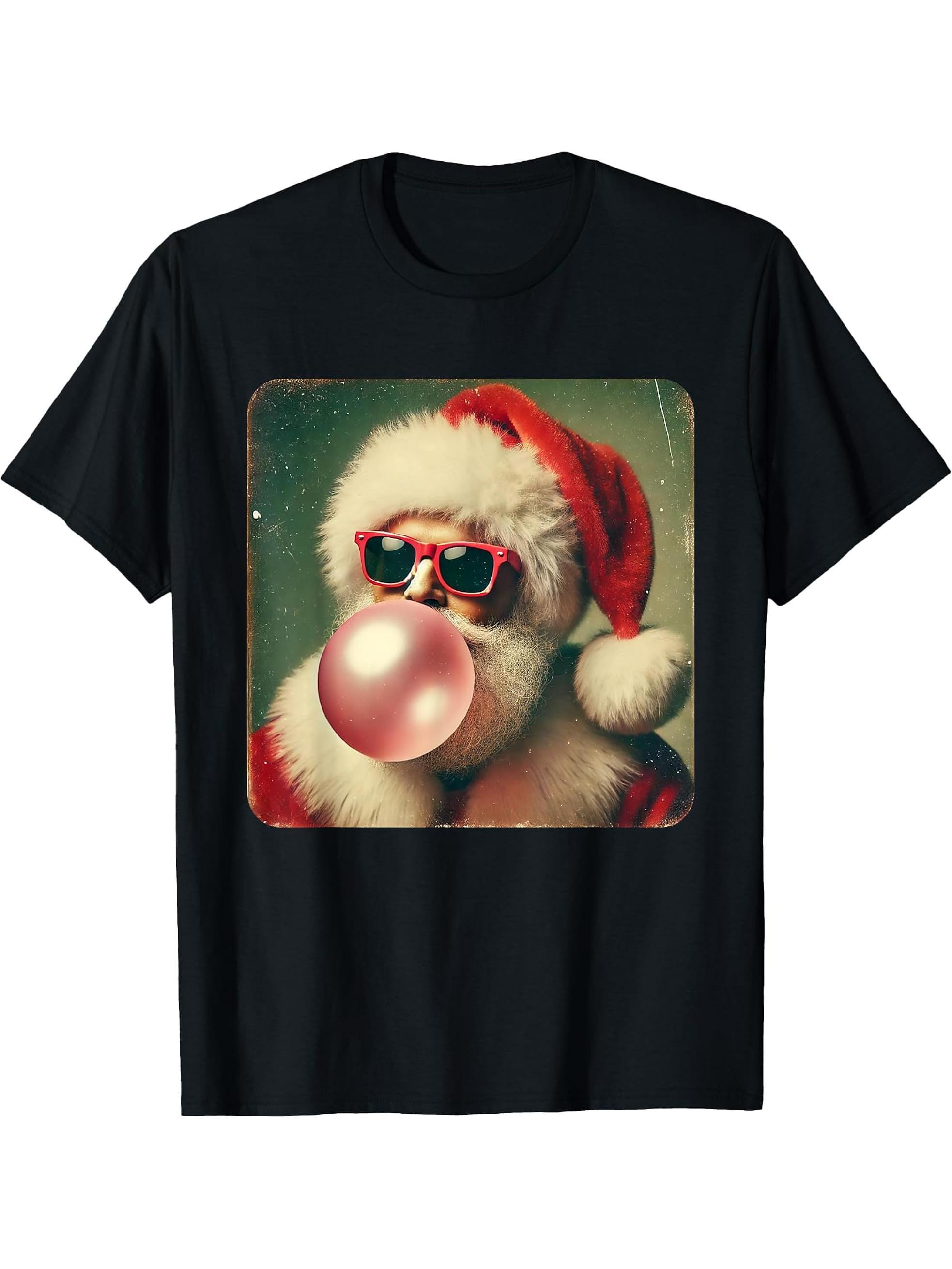 Santa Funny Retro Christmas Santa Bubblegum Xmas T-Shirt 180G 100% Cotton Printed Round Neck Short-Sleeve T-Shirt, Gifts for Men Dad Husband Grandpa, S-XXXL, Black