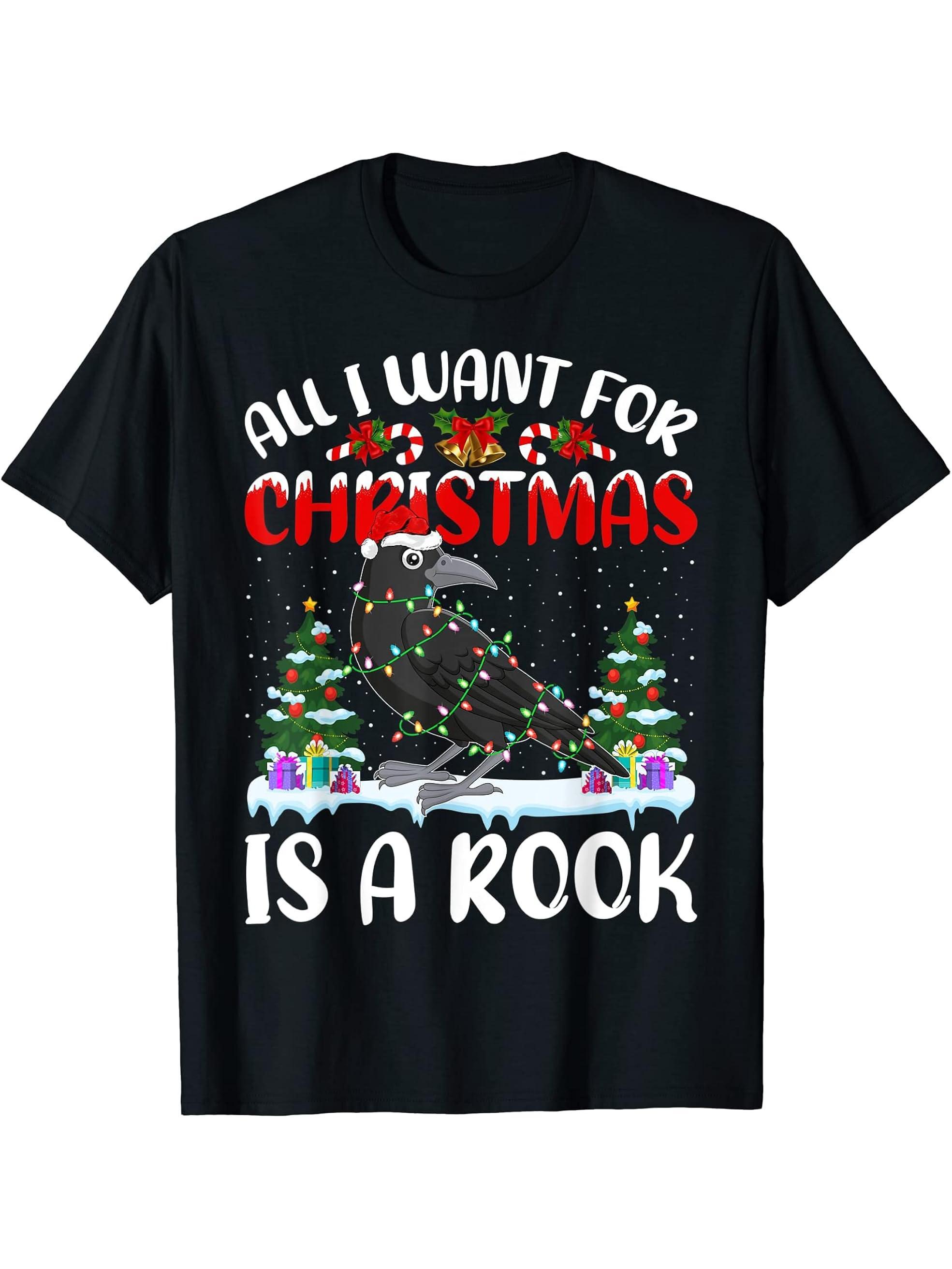 Funny Santa Hat All I Want For Christmas Is A Rook Bird T-Shirt 180G 100% Cotton Printed Round Neck Short-Sleeve T-Shirt, Gifts for Men Dad Husband Grandpa, S-XXXL, Black