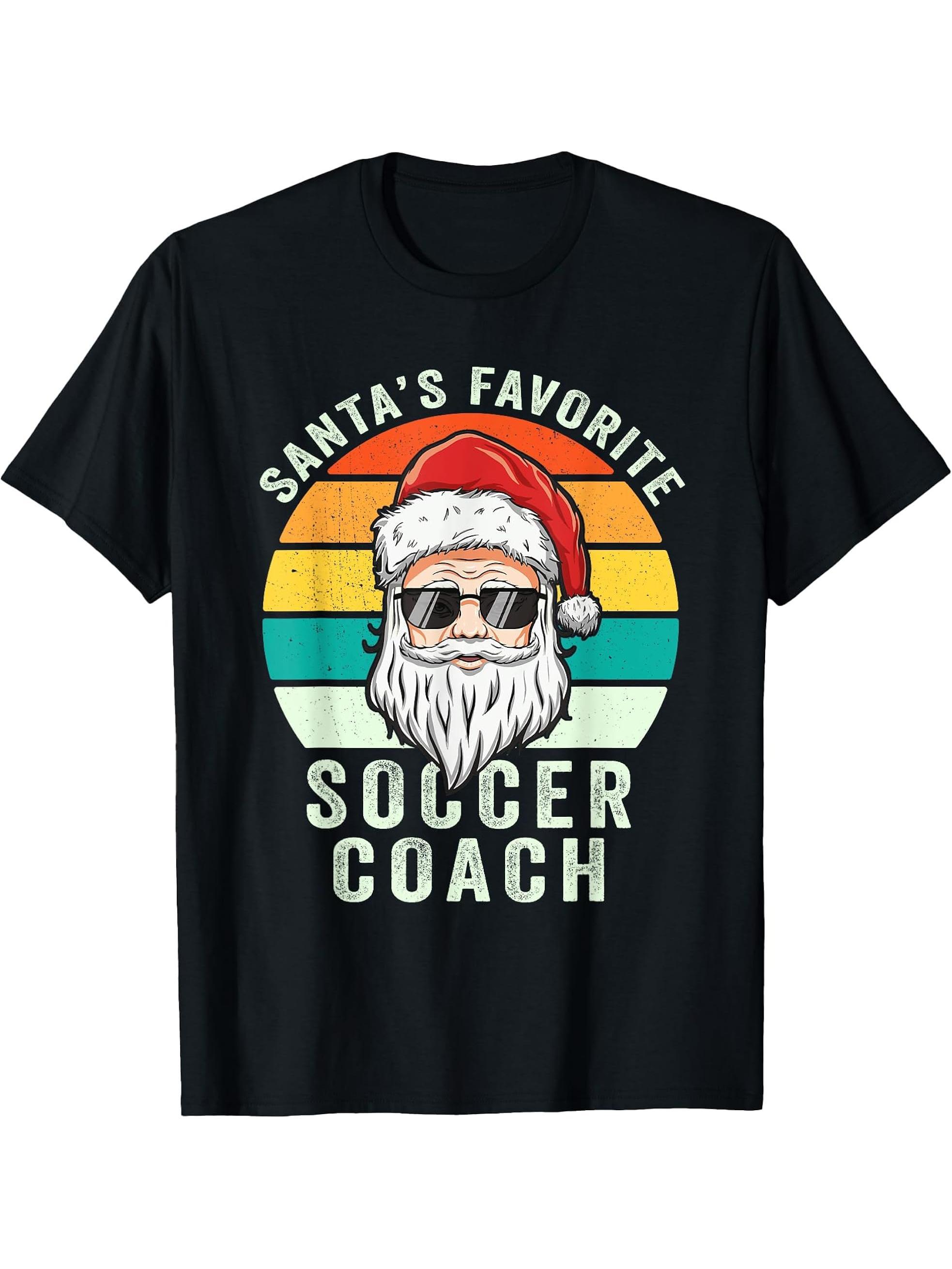 Santa's Favorite Soccer Coach Funny Christmas Soccer Player T-Shirt 180G 100% Cotton Printed Round Neck Short-Sleeve T-Shirt, Gifts for Men Dad Husband Grandpa, S-XXXL, Black
