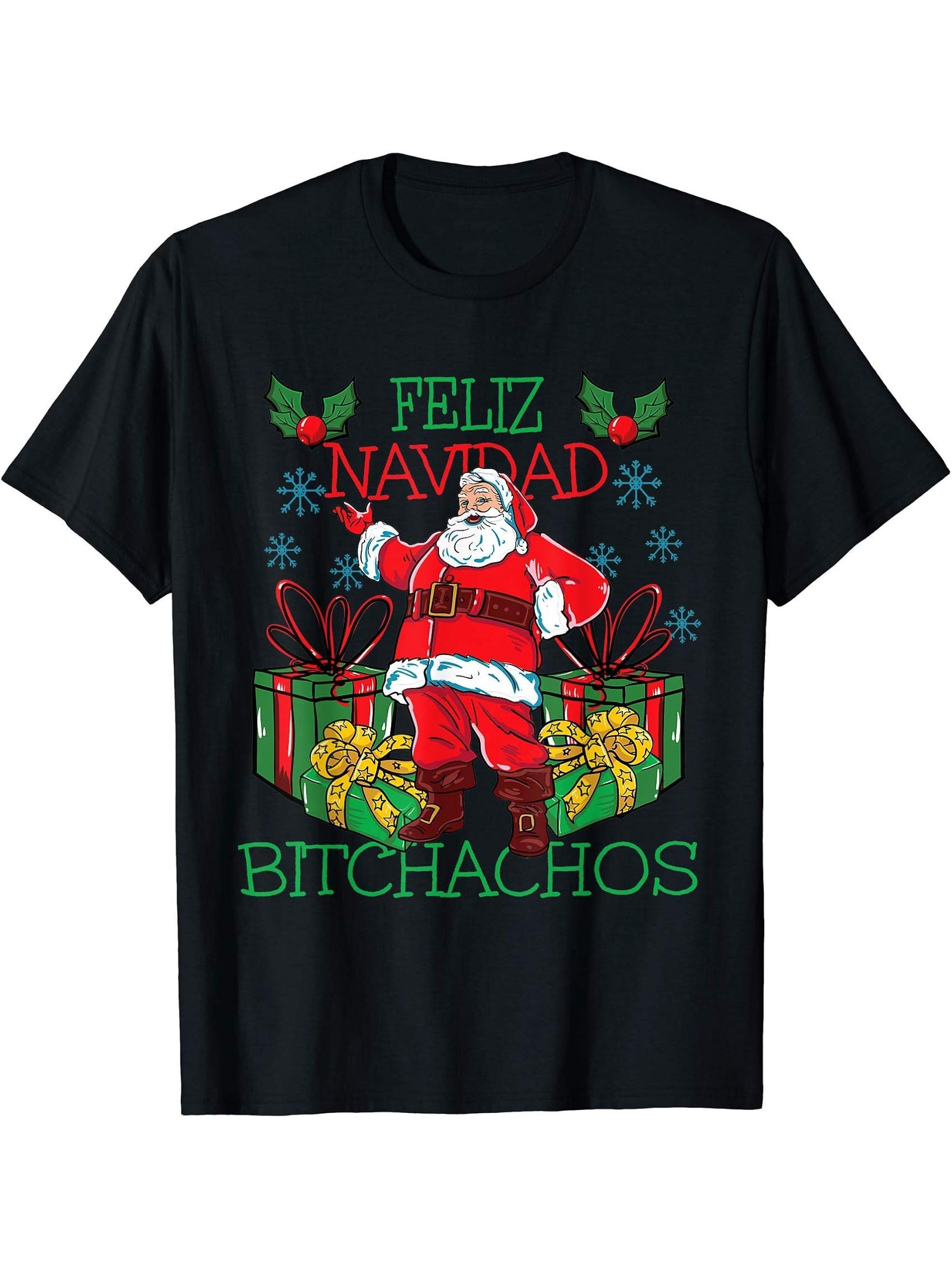 Feliz Navidad Bitchachos, funny Christmas Santa novelty T-Shirt 180G 100% Cotton Printed Round Neck Short-Sleeve T-Shirt, Gifts for Men Dad Husband Grandpa, S-XXXL, Black