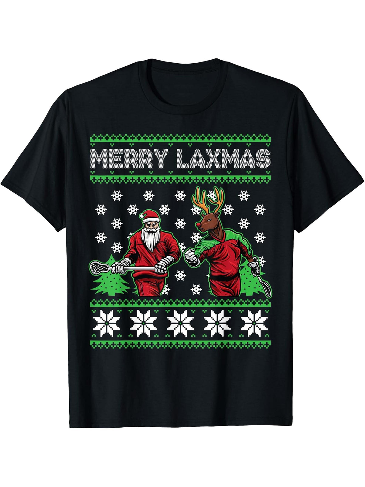 Merry LAXMAS Ugly Christmas Lacrosse Santa Reindeer Lax T-Shirt 180G 100% Cotton Printed Round Neck Short-Sleeve T-Shirt, Gifts for Men Dad Husband Grandpa, S-XXXL, Black
