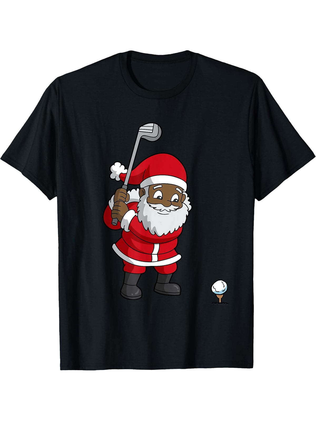 Golf Black African American Santa Claus Golfer Golfing Dad T-Shirt 180G 100% Cotton Printed Round Neck Short-Sleeve T-Shirt, Gifts for Men Dad Husband Grandpa, S-XXXL, Black