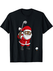 Golf Black African American Santa Claus Golfer Golfing Dad T-Shirt 180G 100% Cotton Printed Round Neck Short-Sleeve T-Shirt, Gifts for Men Dad Husband Grandpa, S-XXXL, Black