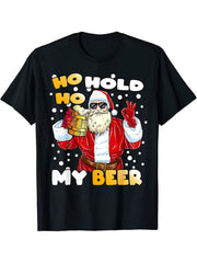 Ho Ho Hold My Beer Funny Santa Beer Christmas T-Shirt 180G 100% Cotton Printed Round Neck Short-Sleeve T-Shirt, Gifts for Men Dad Husband Grandpa, S-XXXL, Black