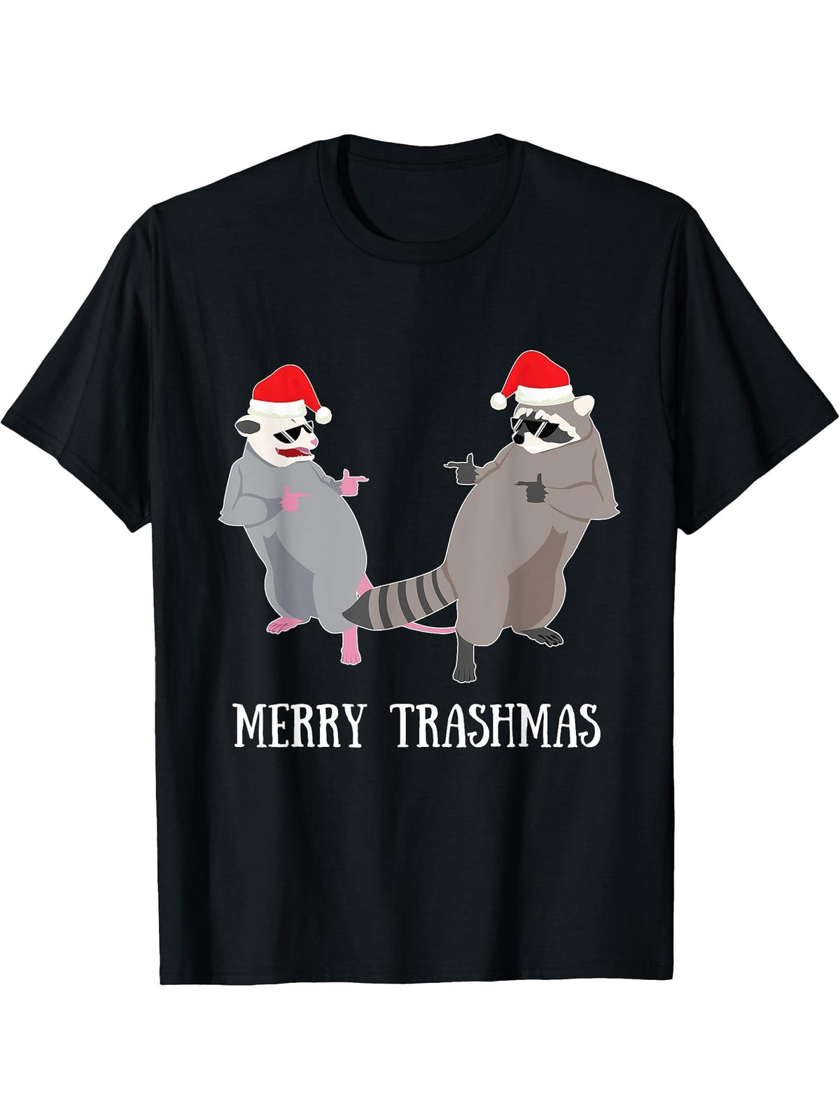 Garbage Gang Opossum Raccoon Santa Claus Merry Trashmas T-Shirt 180G 100% Cotton Printed Round Neck Short-Sleeve T-Shirt, Gifts for Men Dad Husband Grandpa, S-XXXL, Black
