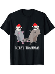 Garbage Gang Opossum Raccoon Santa Claus Merry Trashmas T-Shirt 180G 100% Cotton Printed Round Neck Short-Sleeve T-Shirt, Gifts for Men Dad Husband Grandpa, S-XXXL, Black