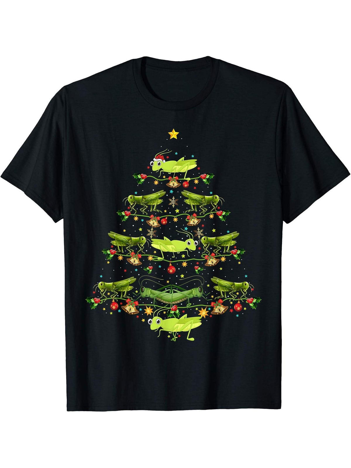 Grasshopper Christmas Tree Gift Funny Christmas Grasshopper T-Shirt 180G 100% Cotton Printed Round Neck Short-Sleeve T-Shirt, Gifts for Men Dad Husband Grandpa, S-XXXL, Black