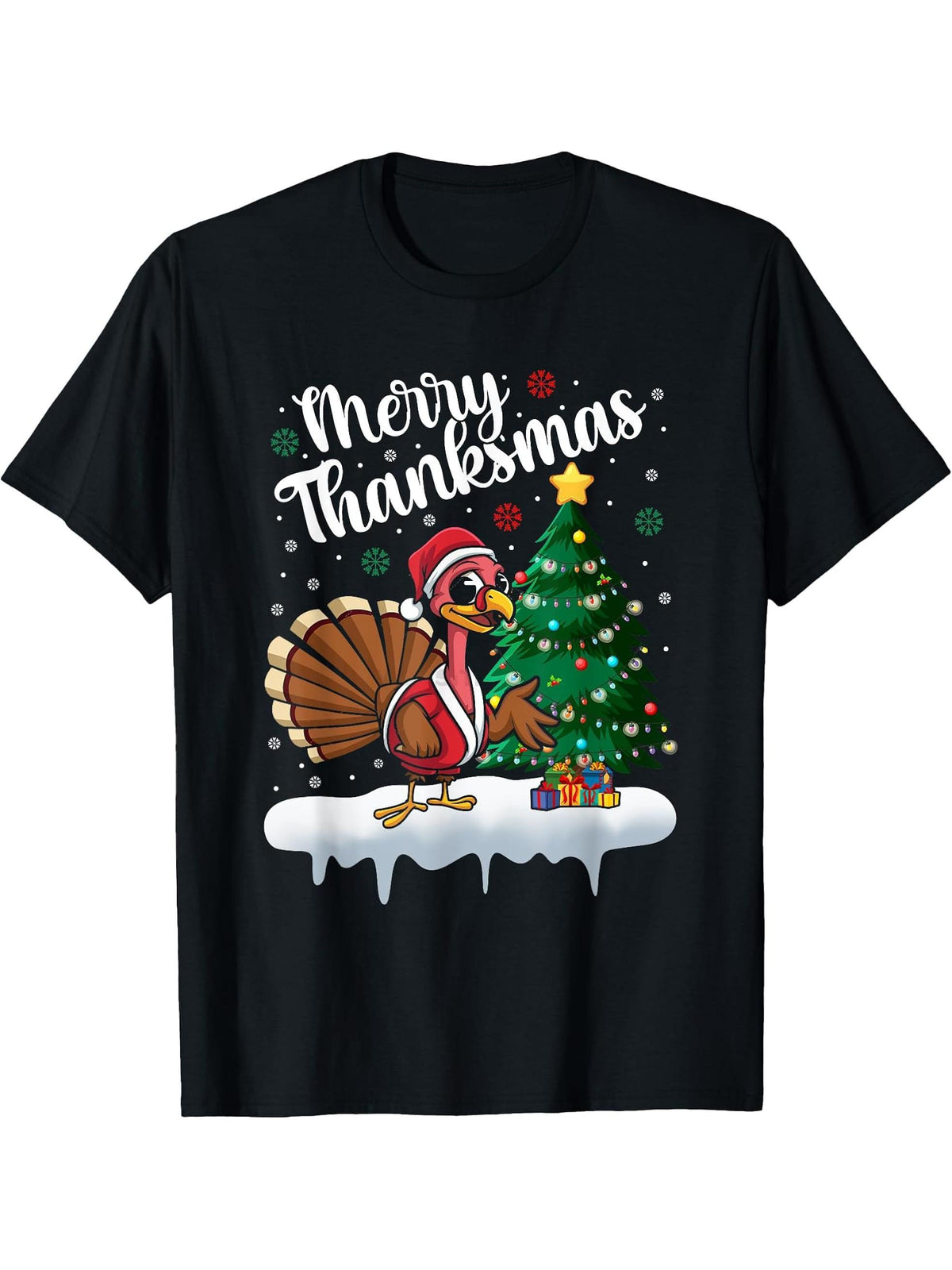 Merry Thanksmas Christmas Thanksgiving Turkey Santa T-Shirt 180G 100% Cotton Printed Round Neck Short-Sleeve T-Shirt, Gifts for Men Dad Husband Grandpa, S-XXXL, Black