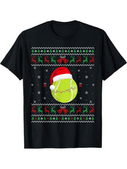 Tennis Ball Santa Christmas Lights Festive Sweater T-Shirt 180G 100% Cotton Printed Round Neck Short-Sleeve T-Shirt, Gifts for Men Dad Husband Grandpa, S-XXXL, Black
