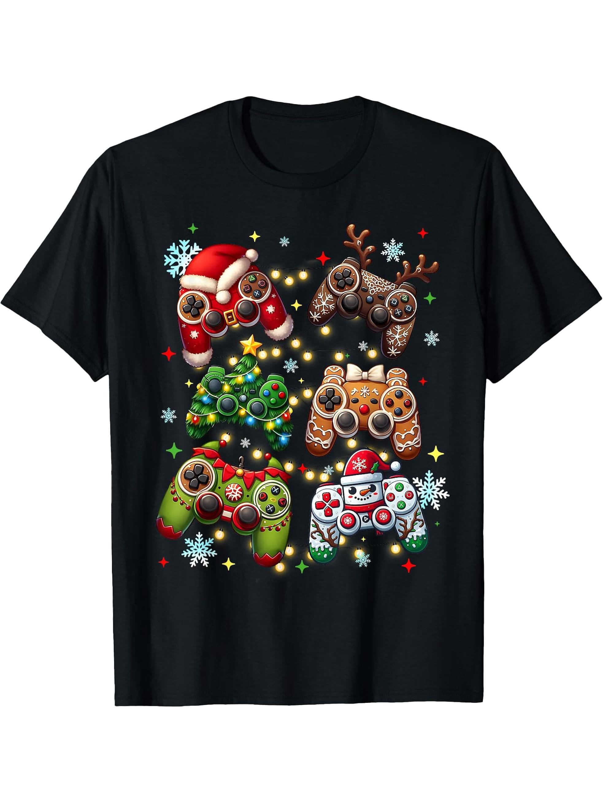 Boys Christmas Shirt Santa Elf Gaming Controllers Gamer Xmas T-Shirt 180G 100% Cotton Printed Round Neck Short-Sleeve T-Shirt, Gifts for Men Dad Husband Grandpa, S-XXXL, Black