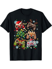 Boys Christmas Shirt Santa Elf Gaming Controllers Gamer Xmas T-Shirt 180G 100% Cotton Printed Round Neck Short-Sleeve T-Shirt, Gifts for Men Dad Husband Grandpa, S-XXXL, Black