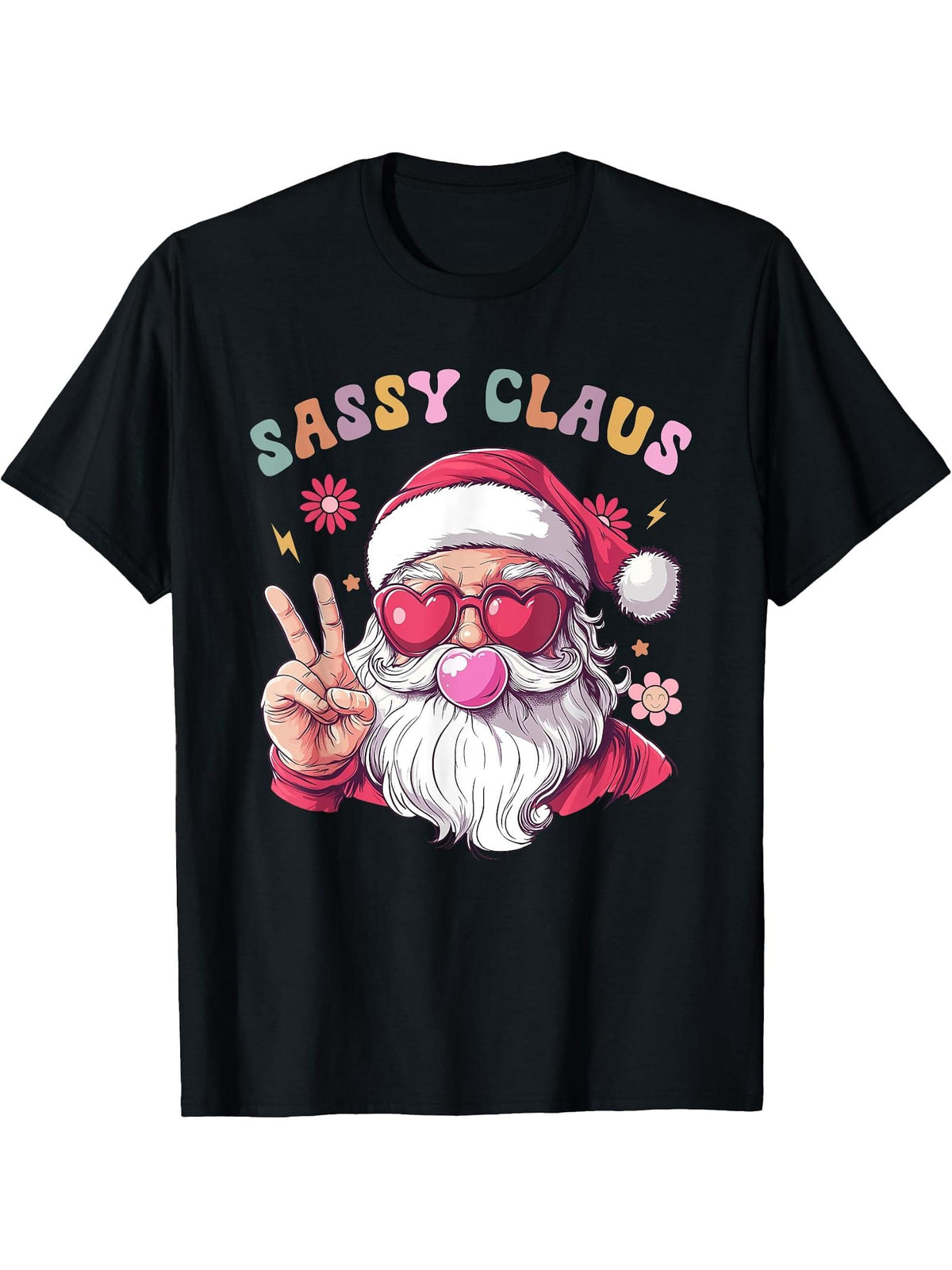 Sassy Claus Groovy Christmas Hippie Santa Clause T-Shirt 180G 100% Cotton Printed Round Neck Short-Sleeve T-Shirt, Gifts for Men Dad Husband Grandpa, S-XXXL, Black