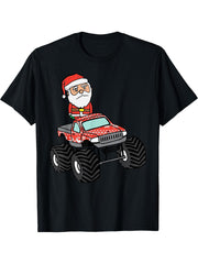 Christmas Monster Truck Santa Cute Xmas Toddler Boys Boy Girl T-Shirt 180G 100% Cotton Printed Round Neck Short-Sleeve T-Shirt, Gifts for Men Dad Husband Grandpa, S-XXXL, Black
