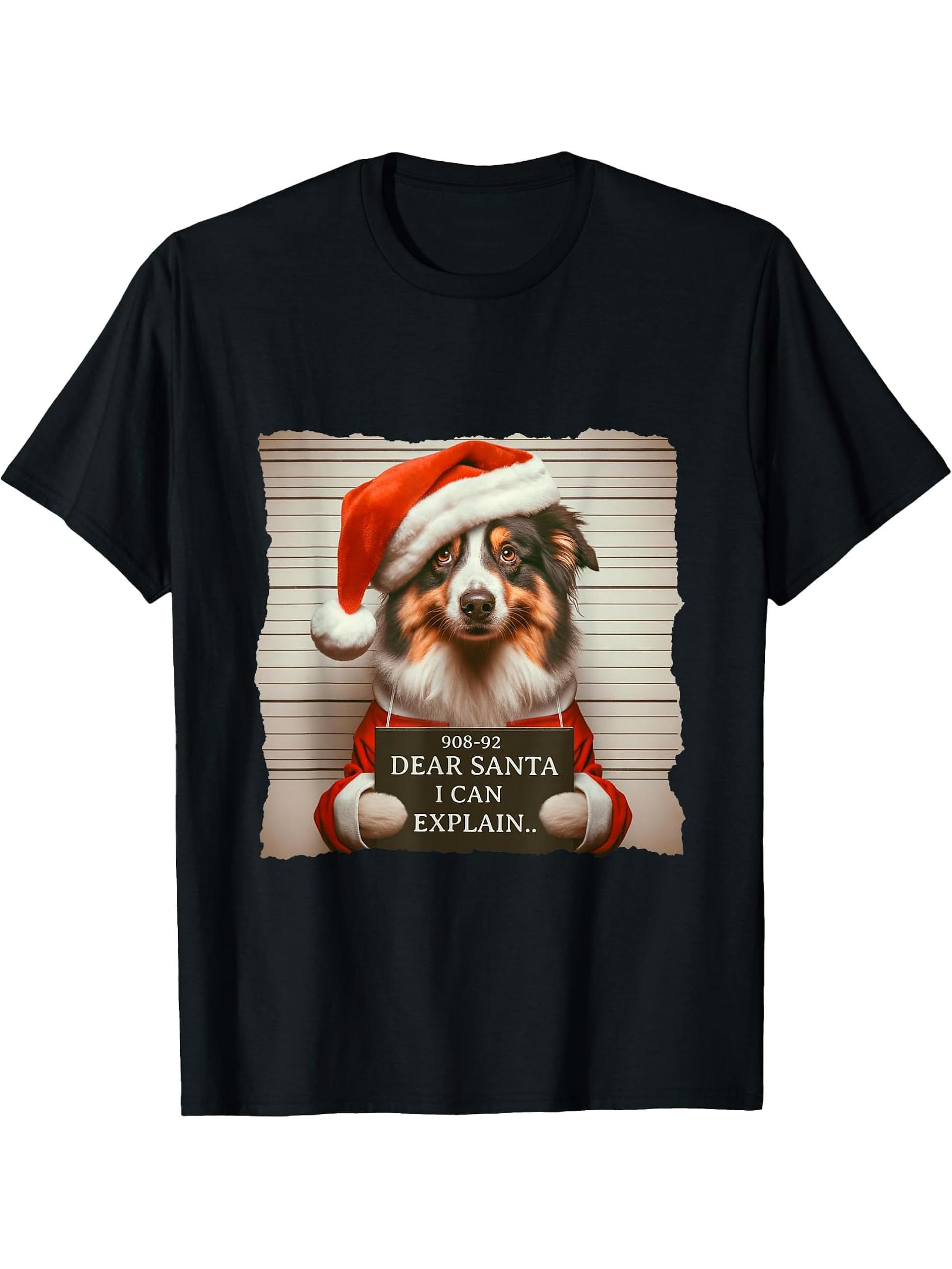 Australian Shepherd Dog Christmas Dear Santa I Can Explain T-Shirt 180G 100% Cotton Printed Round Neck Short-Sleeve T-Shirt, Gifts for Men Dad Husband Grandpa, S-XXXL, Black